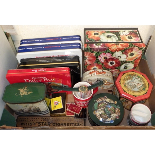 537 - Three boxes of misc collectables to inc Royal Wedding Ale, Wedgwood, Aynsley, tins etc (3)