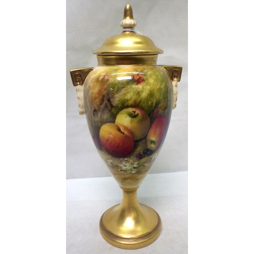 482 - A Royal Worcester painted fruits vase and cover signed Ricketts 21cm tall.
with invoice purchased 18...