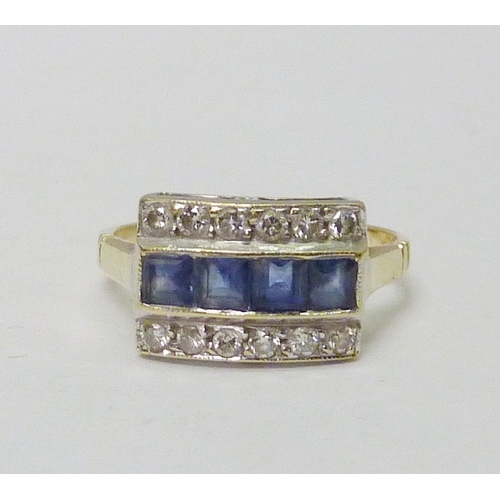 74 - A three row cluster ring being four calibre cut sapphires flanked by two rows each comprising six br... 