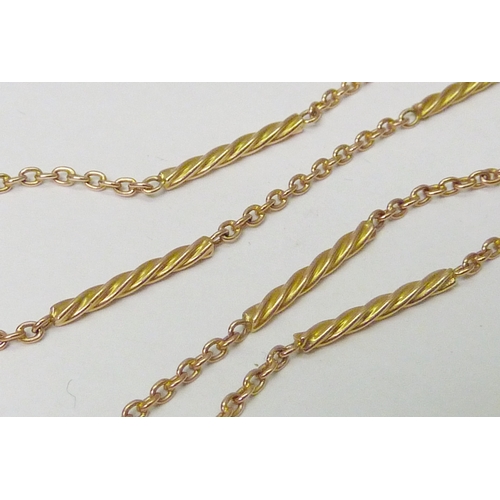 98 - A fancy link closed loop chain, yellow metal, approx 340mm total length; a matching open chain, 455m... 