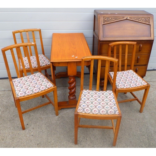 785 - An oak/ply bureau, drop leaf table & four chairs (6)