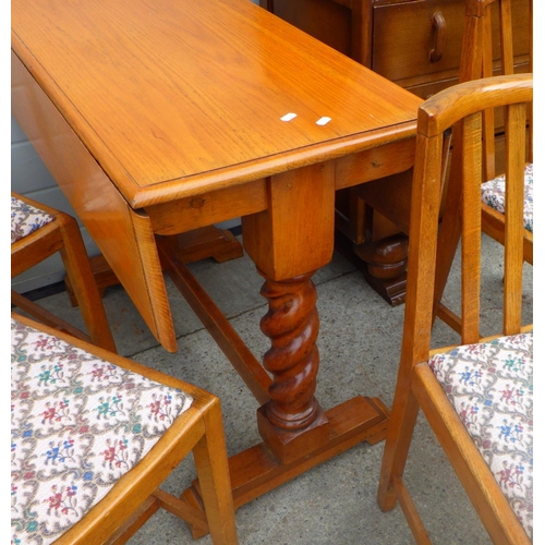 785 - An oak/ply bureau, drop leaf table & four chairs (6)