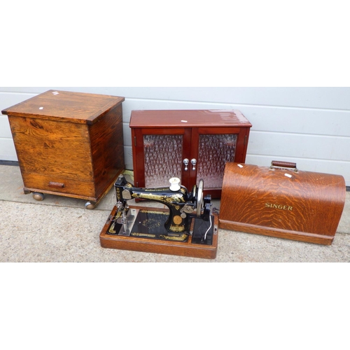 787 - A Singer sewing machine, sewing box & wall cabinet (3)