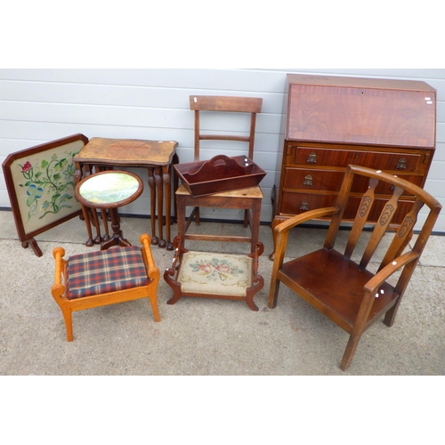 789 - A nest of occasional tables, bureau, mahogany cutlery tray, two chairs, firescreen, occasional table... 