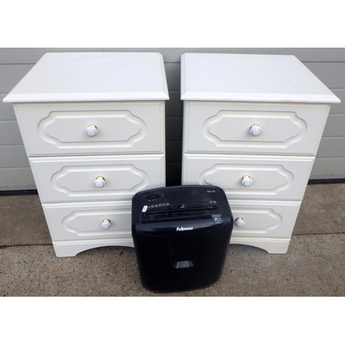 799 - A pair of white bedside chest's and a paper shredder (3)