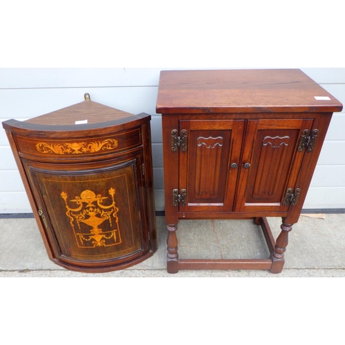 812 - A small Old Charm linenfold cupboard, 50cm wide together with an inlaid corner cupboard (2)