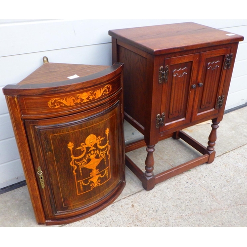 812 - A small Old Charm linenfold cupboard, 50cm wide together with an inlaid corner cupboard (2)