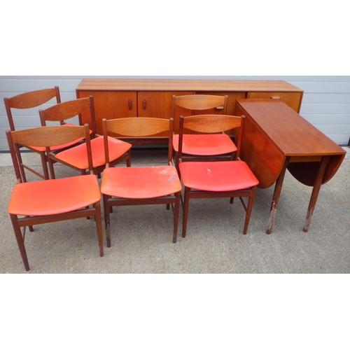 823 - A G.Plan teak dining suite, incl sideboard,  drop leaf table, 6 chairs, sideboard handle broken & re... 