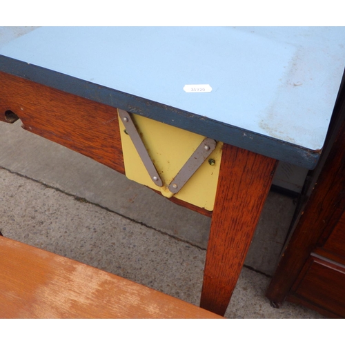 824 - A teak coffee table, an oak table with blue formica top and walnut dressing table base (3) (a/f)