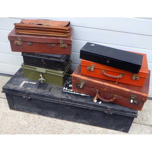 826 - A metal trunk together with various cases & metal deed boxes (8)