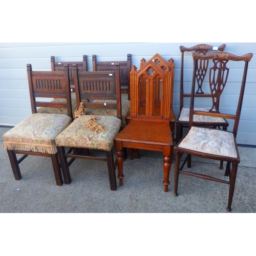 832 - A pair of Victorian oak hall chairs, pair of Edwardian bedroom chairs and a set of four oak dining c... 