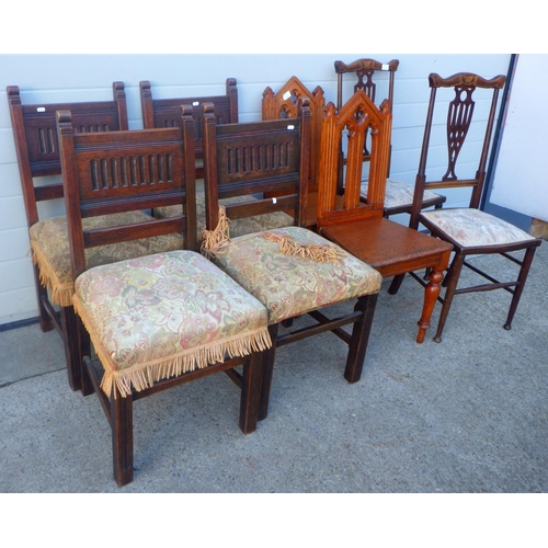 832 - A pair of Victorian oak hall chairs, pair of Edwardian bedroom chairs and a set of four oak dining c... 