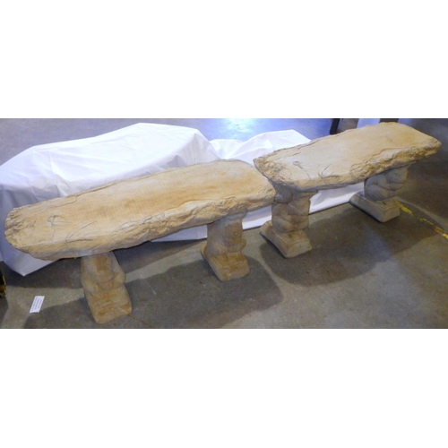 841 - Two concrete garden benches on squirrel supports 101cm long each