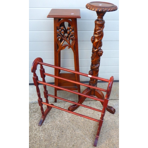 845 - Two reproduction hardwood plant stands and a towel rail (3)