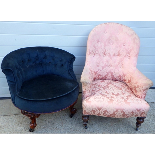 850 - A Victorian upholstered tub chair, later castors together with another Victorian upholstered chair (... 