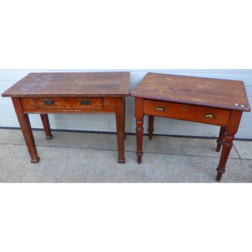 856 - A Victorian pitch pine side table with single drawer on turned legs 90cm wide and another on square ... 