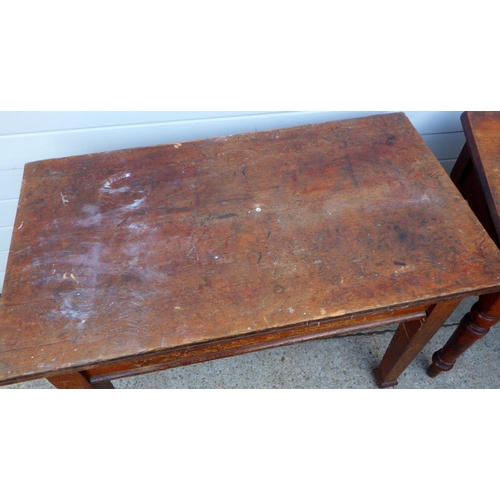 856 - A Victorian pitch pine side table with single drawer on turned legs 90cm wide and another on square ... 