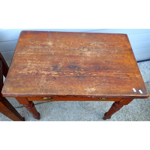 856 - A Victorian pitch pine side table with single drawer on turned legs 90cm wide and another on square ... 