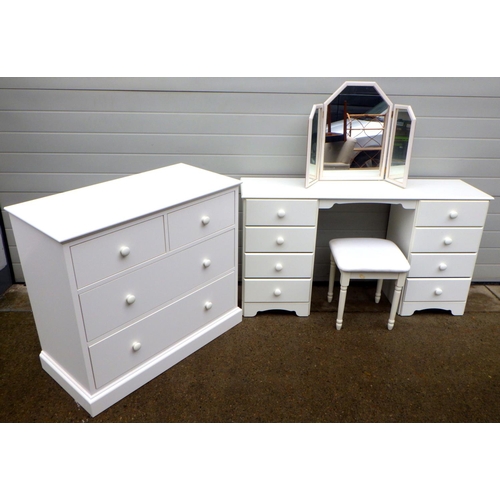 891 - A modern white chest of drawers together with a dressing table, stool & mirror (4)