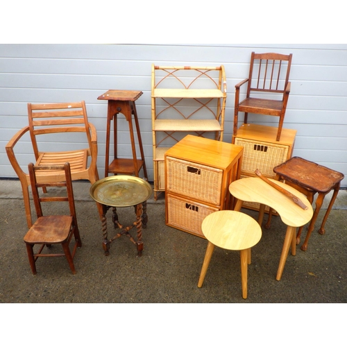 893 - A set of bamboo shelves, teak chair, two child's chairs, occasional tables etc (11) (a/f)