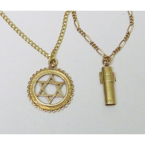 111 - A 9ct gold Star of David pendant 3g, suspended on a yellow metal chain marked 375; another yellow me... 