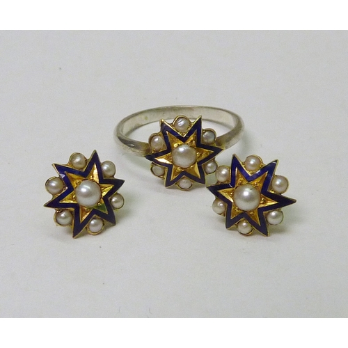 116 - A pearl and enamel star-shaped cluster ring together with a pair of matching stud earrings, unmarked... 