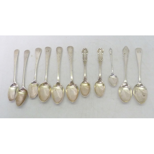 133 - Two pairs of silver teaspoons; seven single silver teaspoons, George III and later.  185g