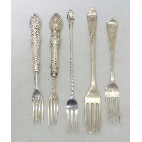 134 - Five various silver forks, George III and later.  100g weighable