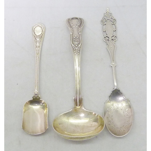 135 - A Kings patter silver sauce ladle; a Victorian silver sugar shovel; a silver jam spoon.  (3)  130g