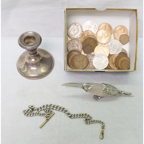 152 - A squat silver candlestick; a qty of coins; a base metal watch chain etc
