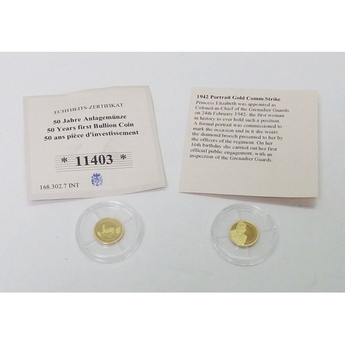 155 - Two modern commemorative proof coins, both 11mm diameter.  Certificated marked for 0.585 gold.