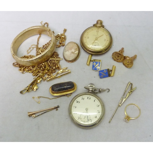 158 - A qty of costume jewellery to inc two pocket watches, one having part-erased issue stampings verso.