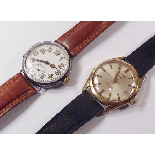 44 - A silver cased trench style wrist watch, 33mm across head; a gold plated automatic wristwatch, a/f  ... 