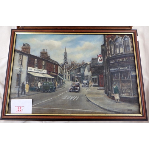 35 - Two J K Blackburn 1946-2006 town scene oil on canvas 50 x 36cm inc frames (2)