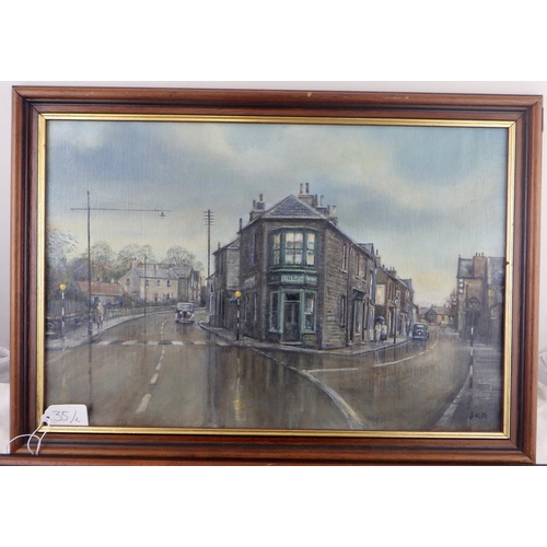 35 - Two J K Blackburn 1946-2006 town scene oil on canvas 50 x 36cm inc frames (2)