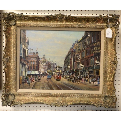 36 - P Bradshaw Two framed Victorian street scenes oil on canvas 54 x 42cm inc frame (2)