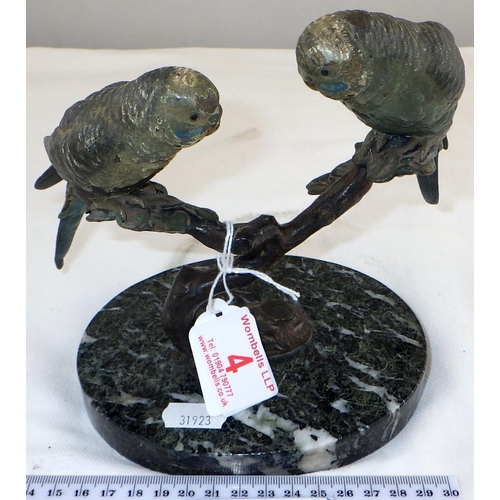 4 - Early 20th Century Cold-Painted Bronze Budgies on a branch unsigned in the style of Bergman