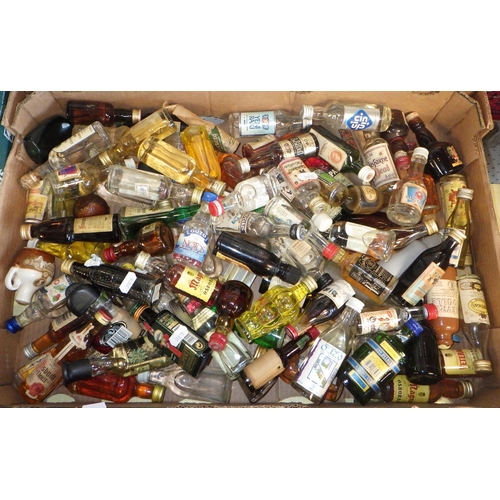 45 - Two boxes of misc glass ware together with a collection of miniature spirit bottles (3)