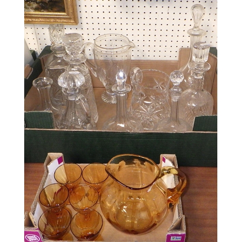 49 - A group of misc cut glass decanters and jugs together with a Whitefriars jug & stemmed (2)