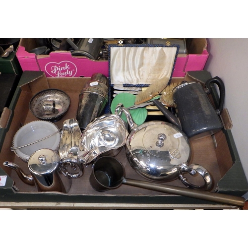 52 - A large qty of misc metal wares to inc silver plate cocktail shaker, cutlery etc  (4)