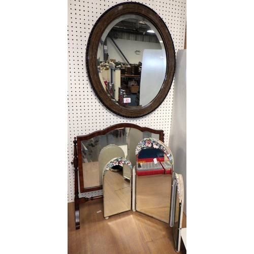 67 - A Barbola type triptych mirror af together with a skeleton mirror and a wall mirror (3)