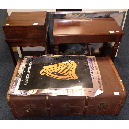 125 - A vintage trunk together fith a sefing box, stool, posters and a mythical print