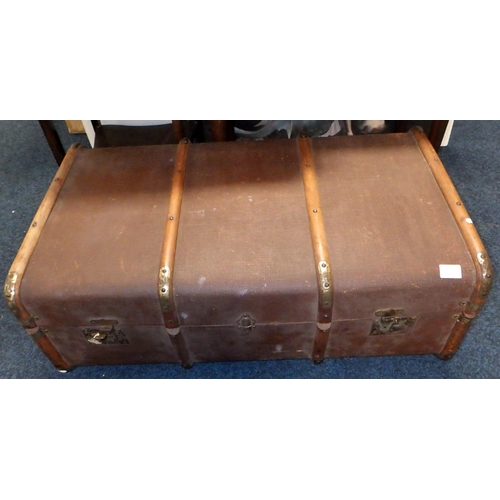 125 - A vintage trunk together fith a sefing box, stool, posters and a mythical print