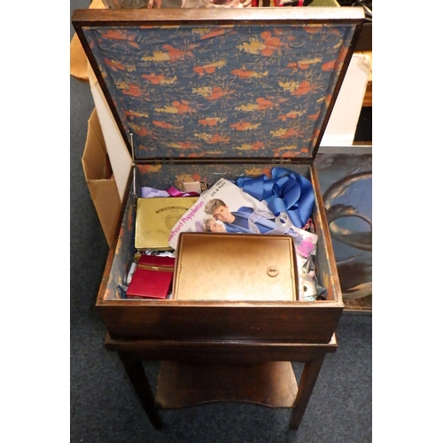 125 - A vintage trunk together fith a sefing box, stool, posters and a mythical print