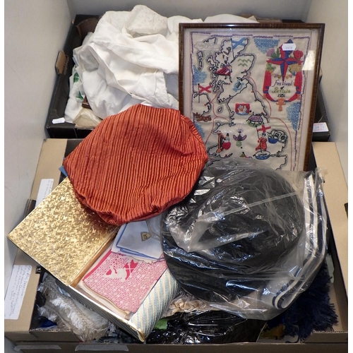 134 - Two boxes of misc linen etc to inc bowler hat, handkerchiefs,  dress, stocking etc (2)