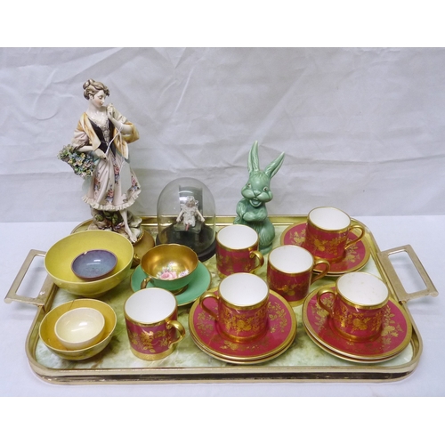 300 - Six matching Minton coffee cans and saucers, gilt decoration over a pink/red ground; a Paragon coffe... 