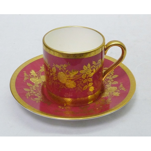 300 - Six matching Minton coffee cans and saucers, gilt decoration over a pink/red ground; a Paragon coffe... 