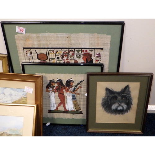 140 - Two watercolours together with misc prints & Egyptian papyrus (qty)