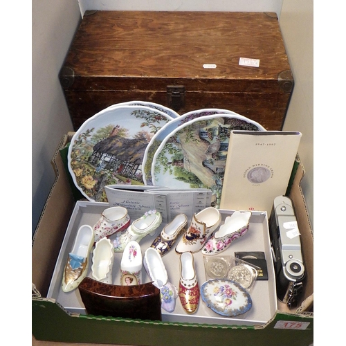 175 - A collection of Spode shoes, Royal Albert plates, Coronet camera, coins etc