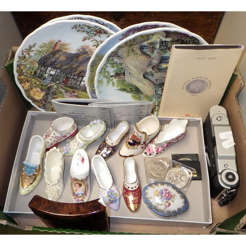 175 - A collection of Spode shoes, Royal Albert plates, Coronet camera, coins etc